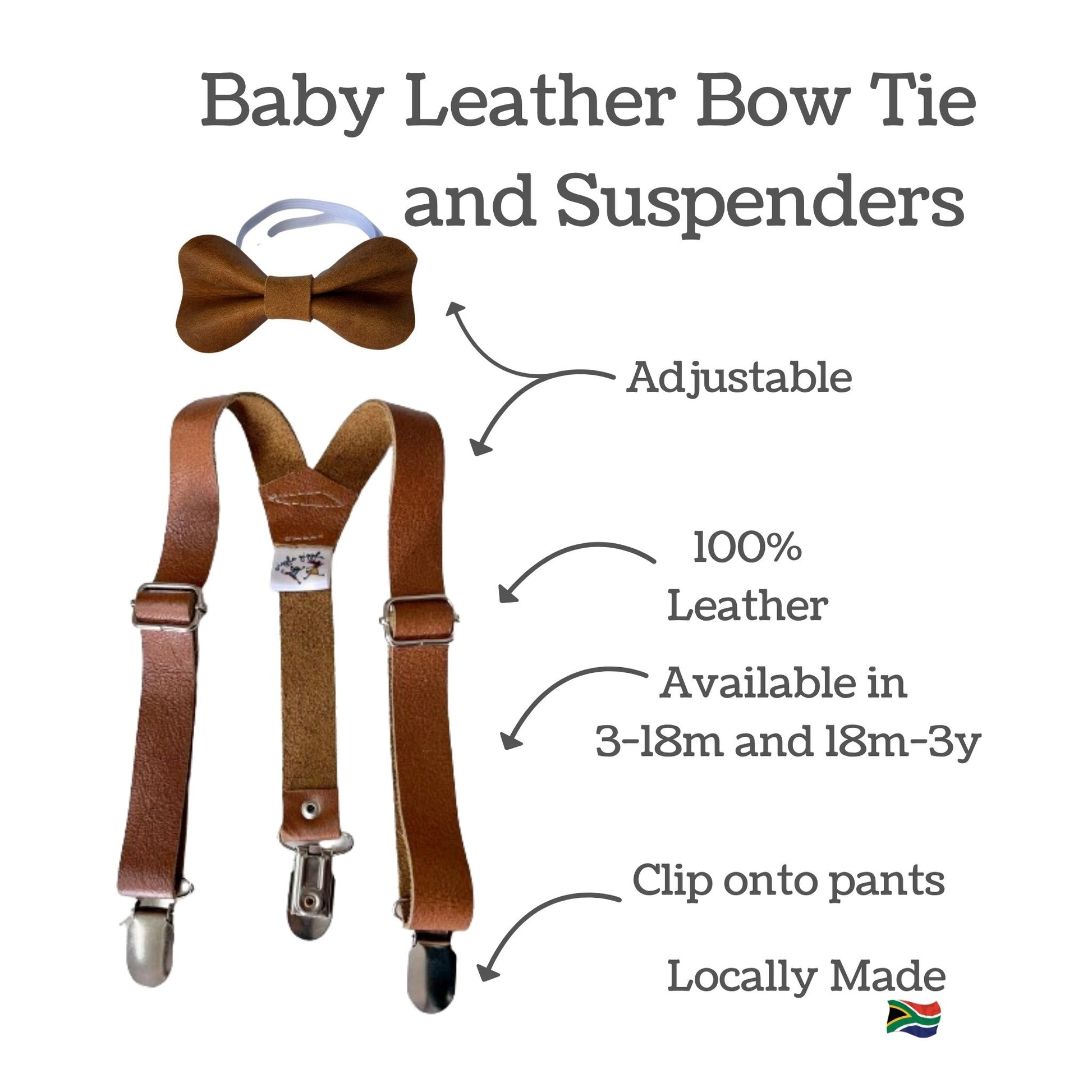 Brown baby leather bow tie and suspenders with product details on a white background