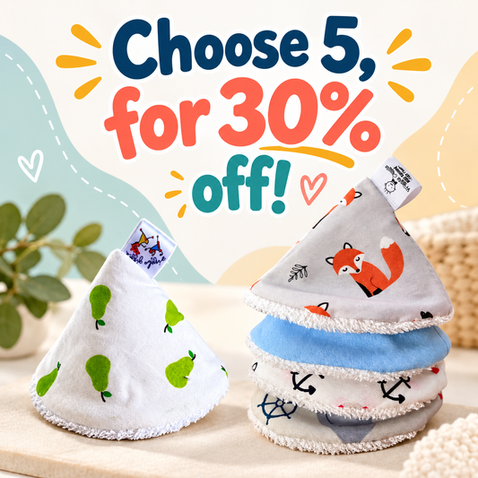 Choose 5, for 30% off text with 4 pee pee teepee's stacked to the right and 1 white with green pears printed fabric pee pee teepee to the left