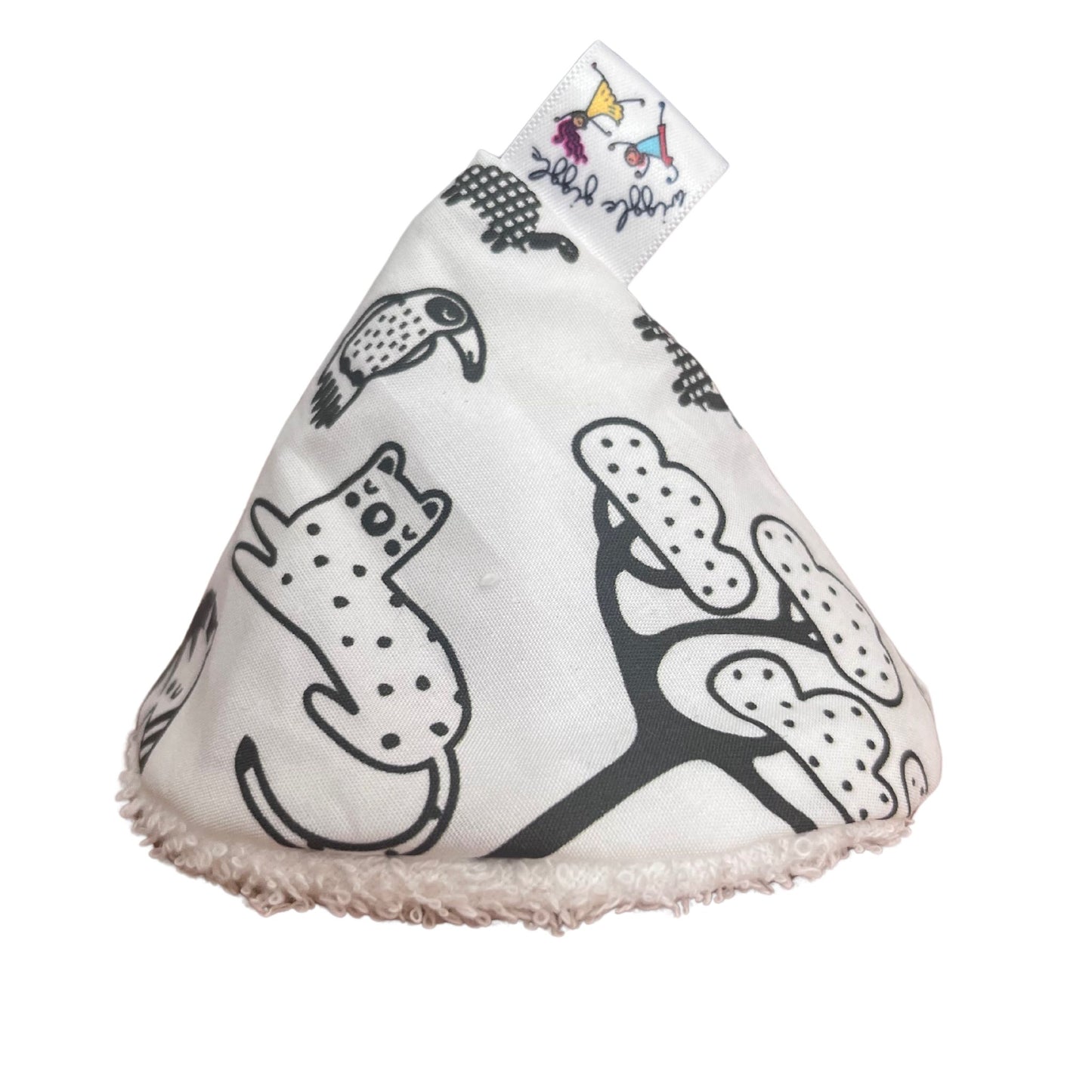 Grey Safari themed printed fabric in a cone shaped pee pee teepee with a white back ground