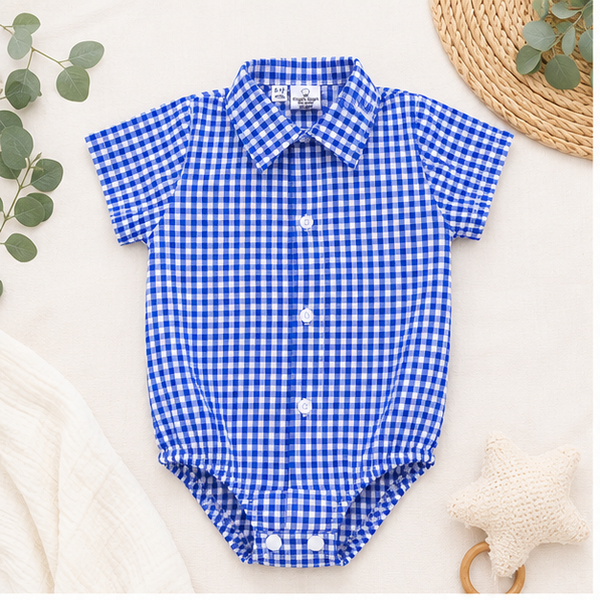 Boys Summer Collared Button Shirt Blue Check 0-24M