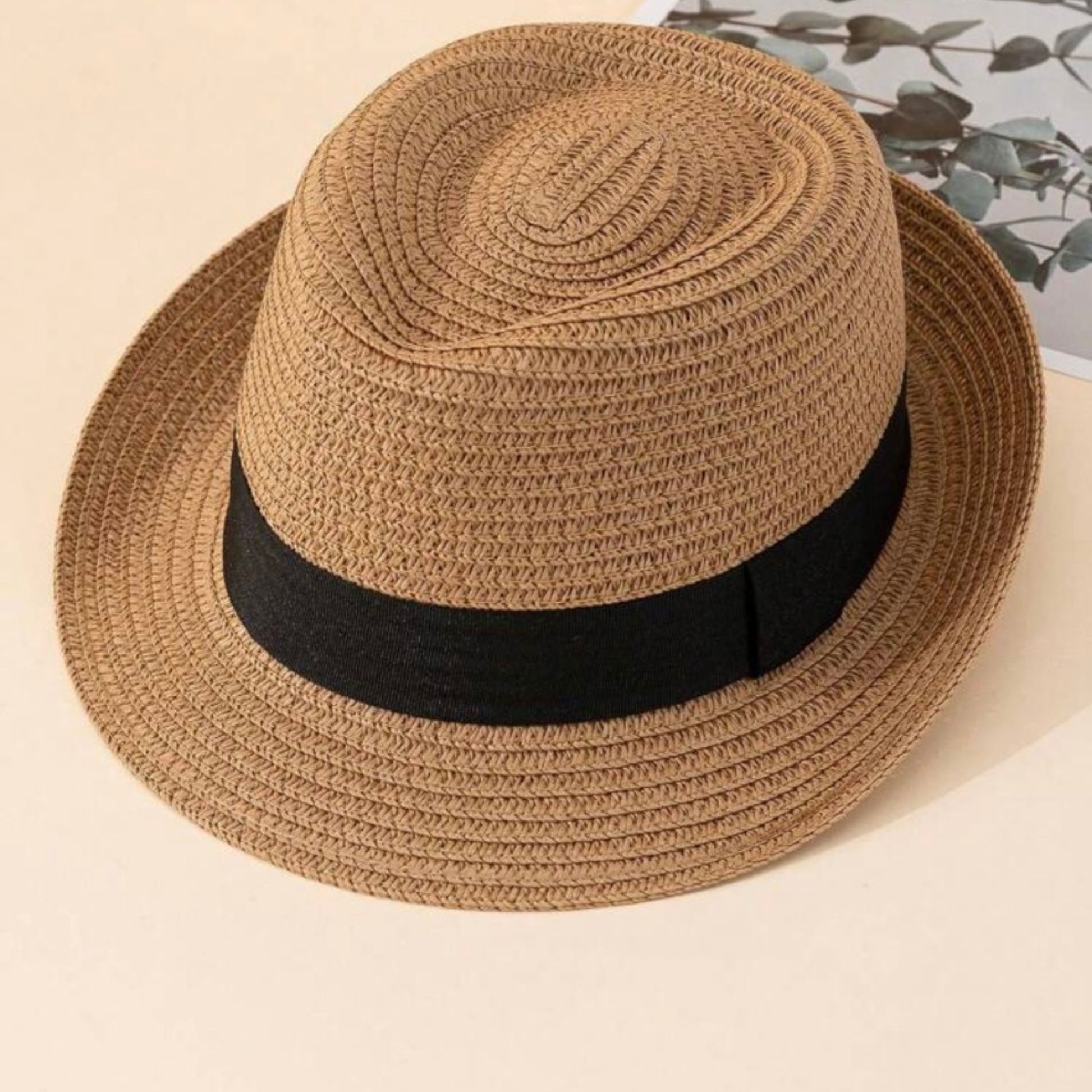 Brown baby Panama hat made of  straw hat with a black band
