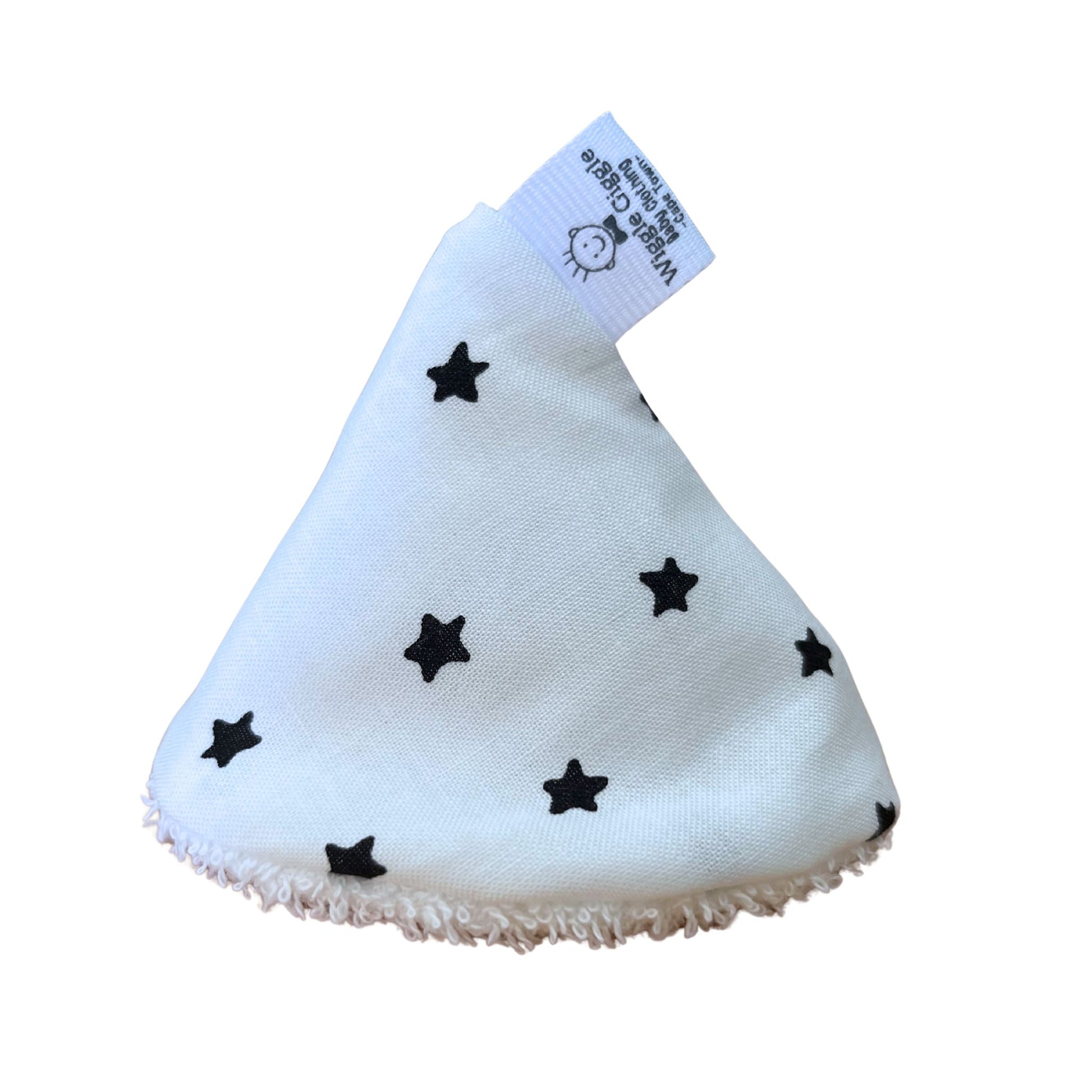 White triangle-shaped pee pee teepee with black stars patterns and a visible brand tag on a white background