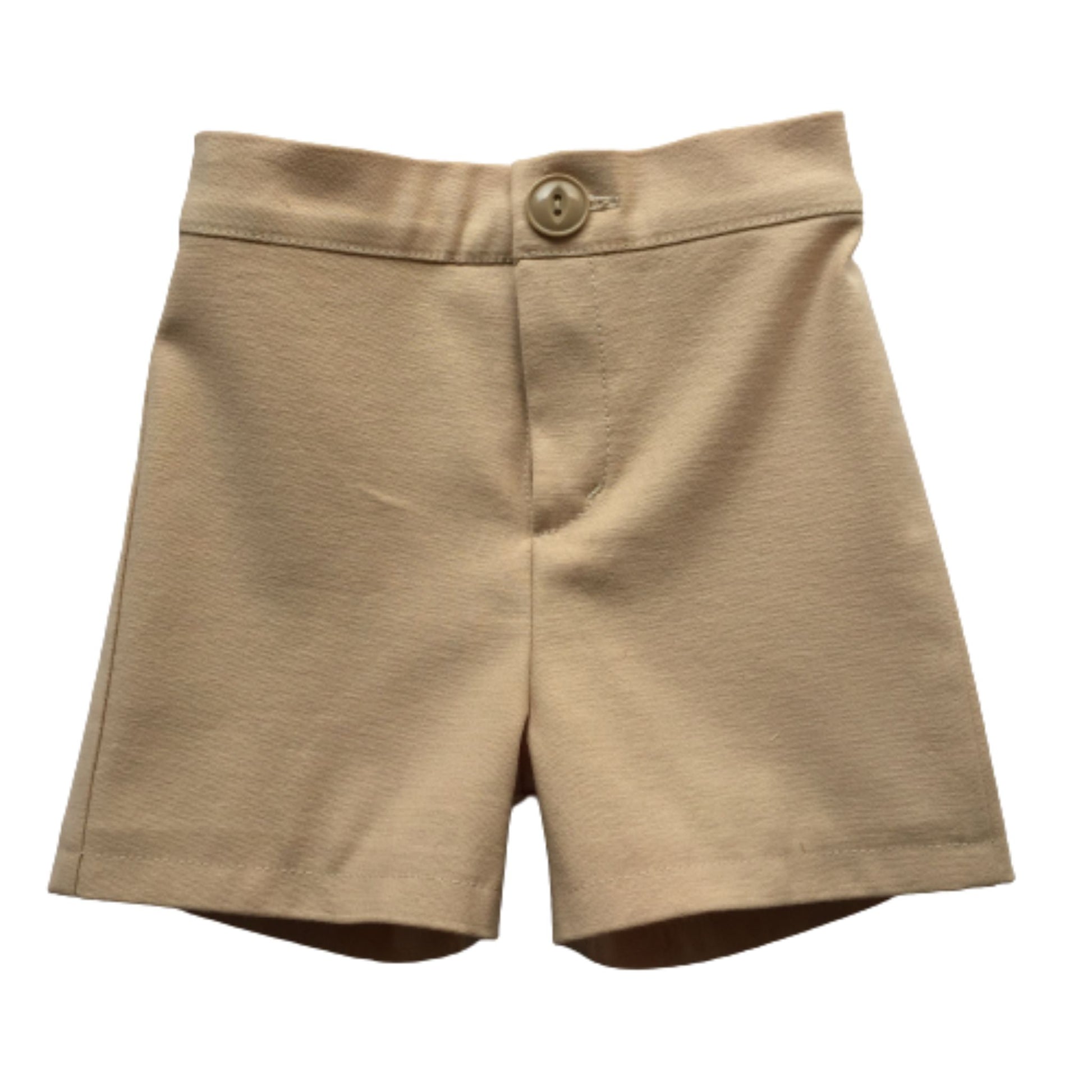 Tan chino shorts for a baby with a button on a white background
