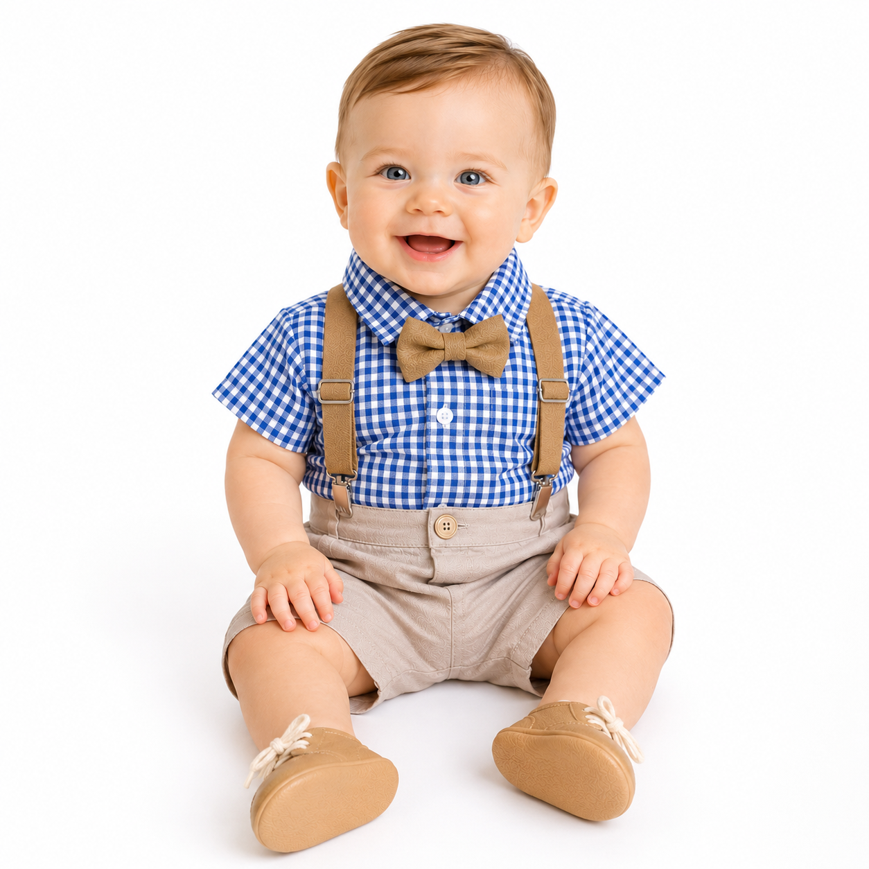Baby Boy Navy Check Formal Outfit with Leather Accessories | 0–24m