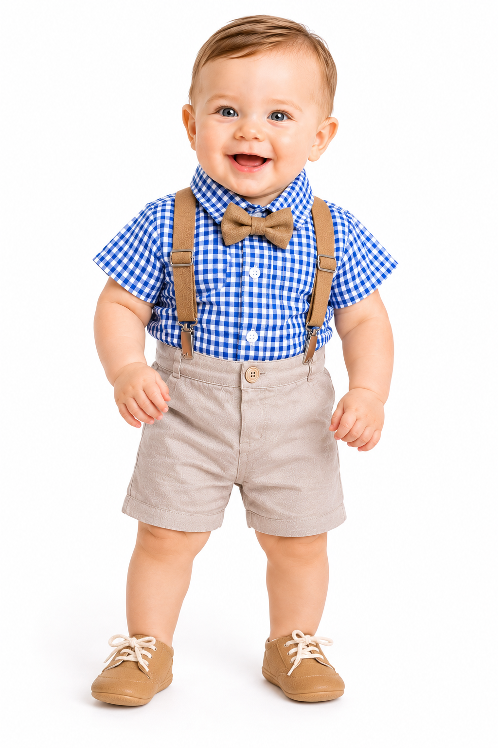 Baby Boy Navy Check Formal Outfit with Leather Accessories | 0–24m