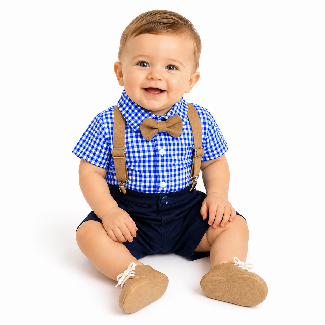 Baby Boy Navy Check Formal Outfit with Leather Accessories | 0–24m