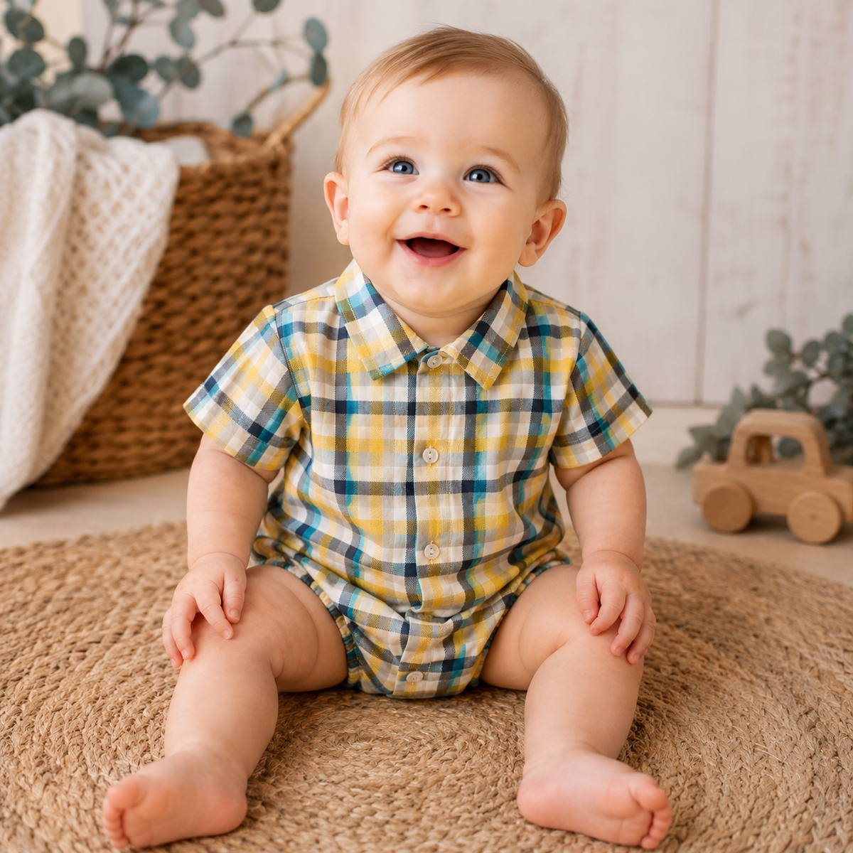 Boys Summer Collared Button Shirt Check 0-24M