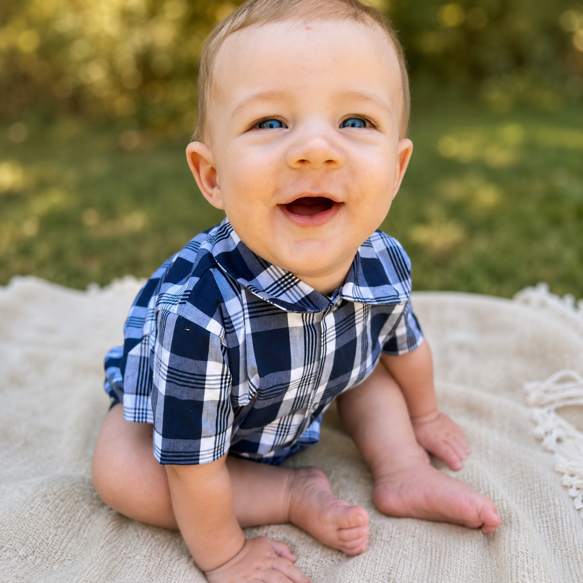 Boys Summer Collared Button Shirt Blue Check 12-18M