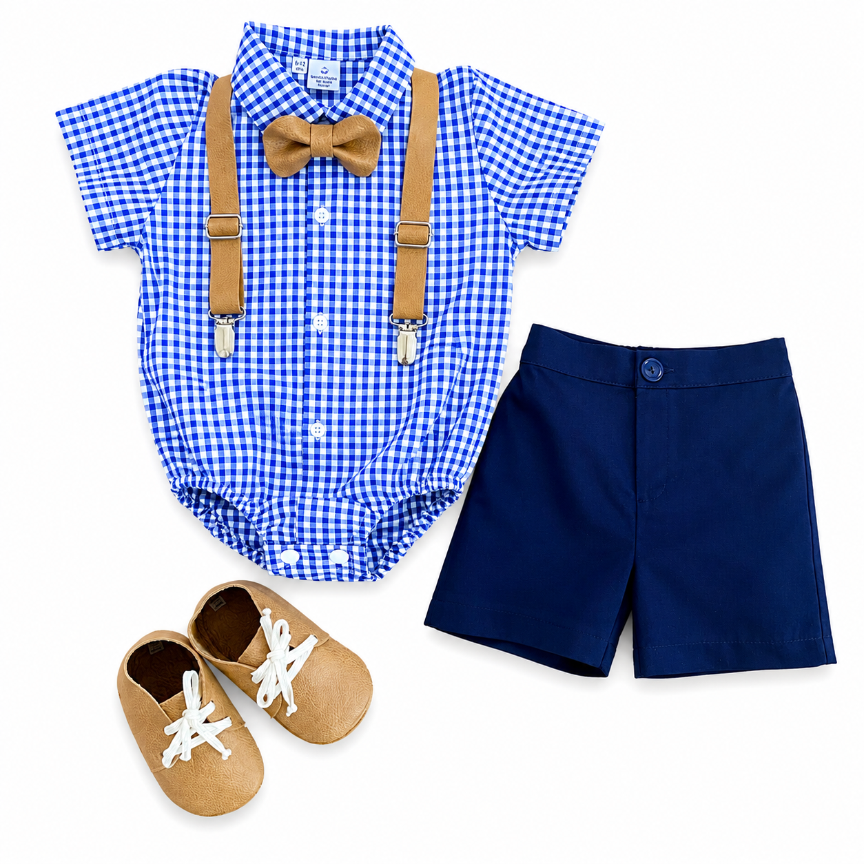 Baby Boy Navy Check Formal Outfit with Leather Accessories | 0–24m