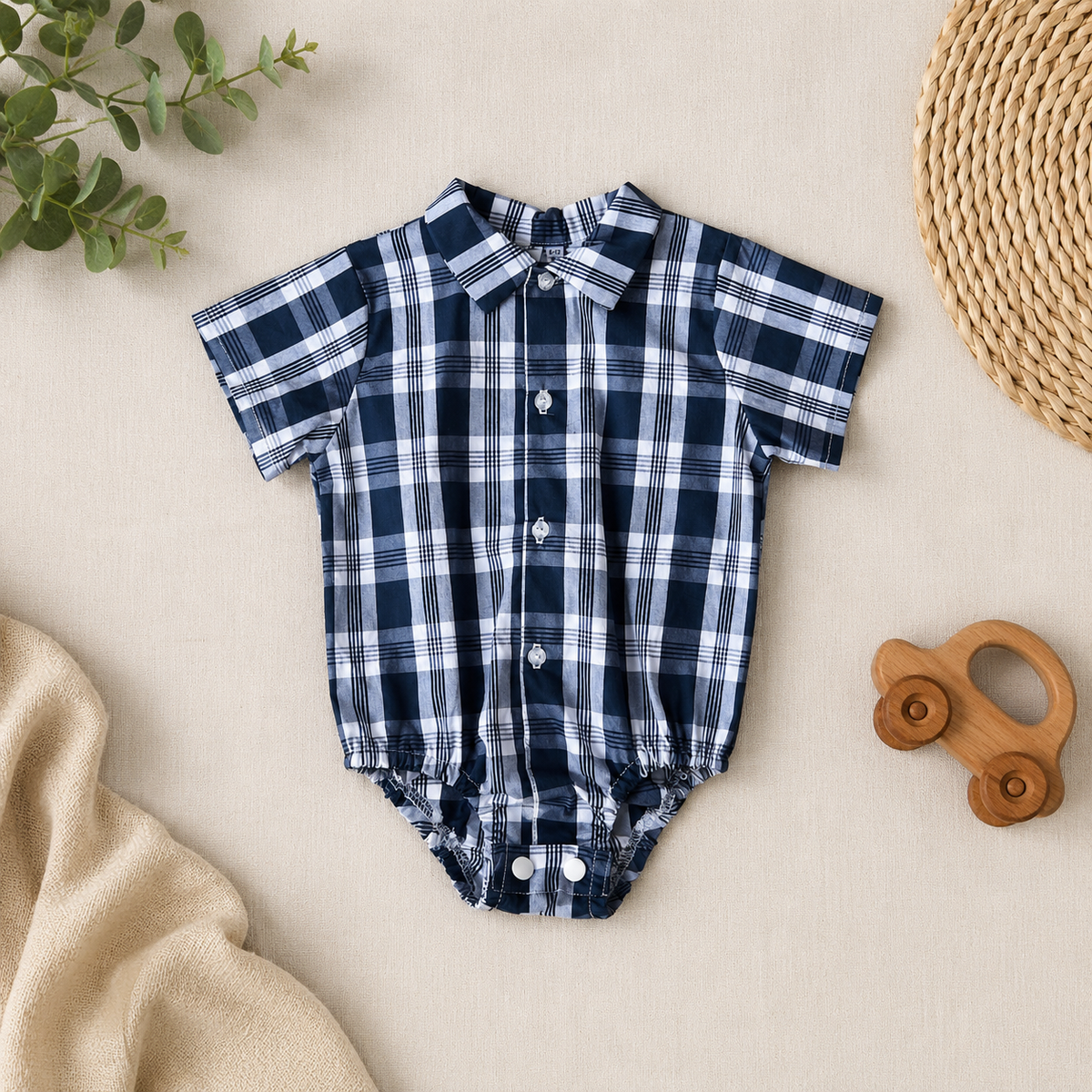 Boys Summer Collared Button Shirt Blue Check 12-18M