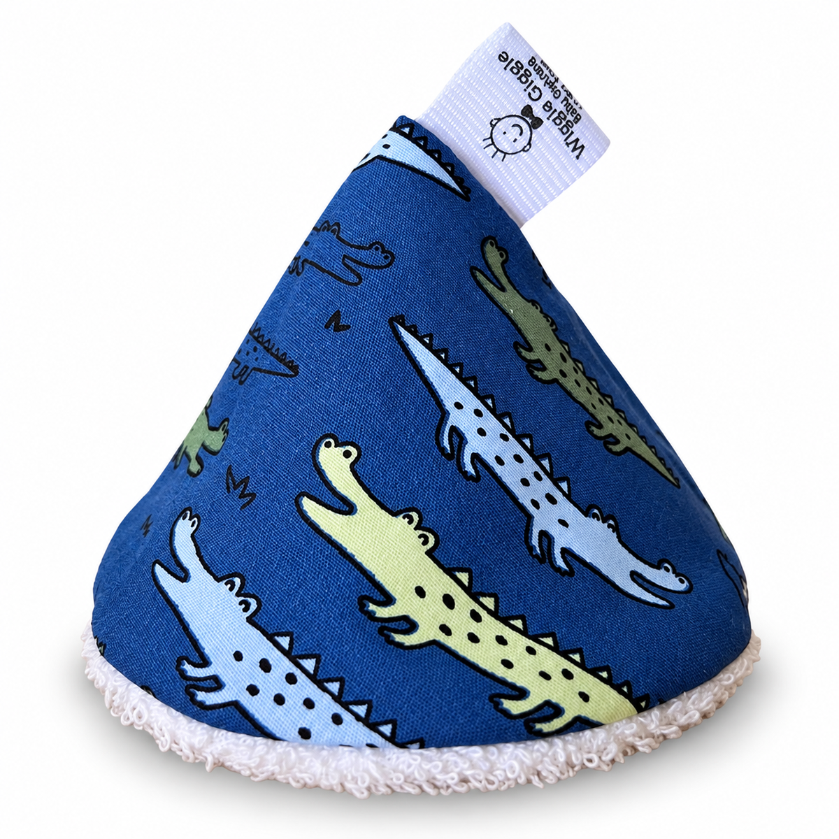 Blue pee pee teepee with alligator pattern on a white background.