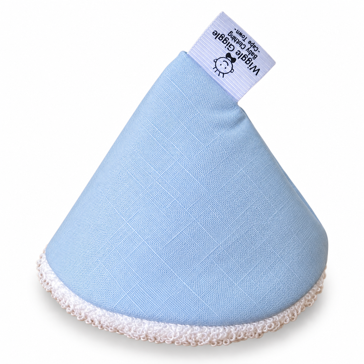 A light blue fabric pee pee teepee with a a white fabric tag at the top. The tag has black text and a small cartoon baby logo.
