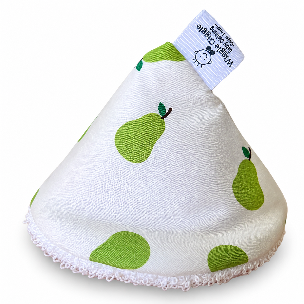 A white pee pee teepee with a green pear pattern with a printed brand Wiggle Giggle Baby Clothing label.