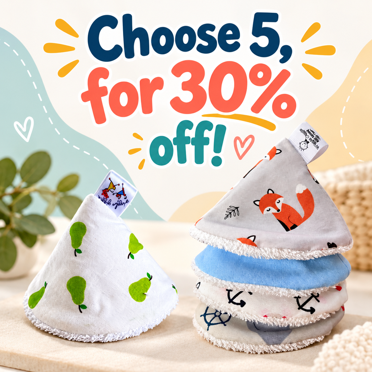Choose 5, for 30% off text with 4 pee pee teepee's stacked to the right and 1 white with green pears printed fabric pee pee teepee to the left