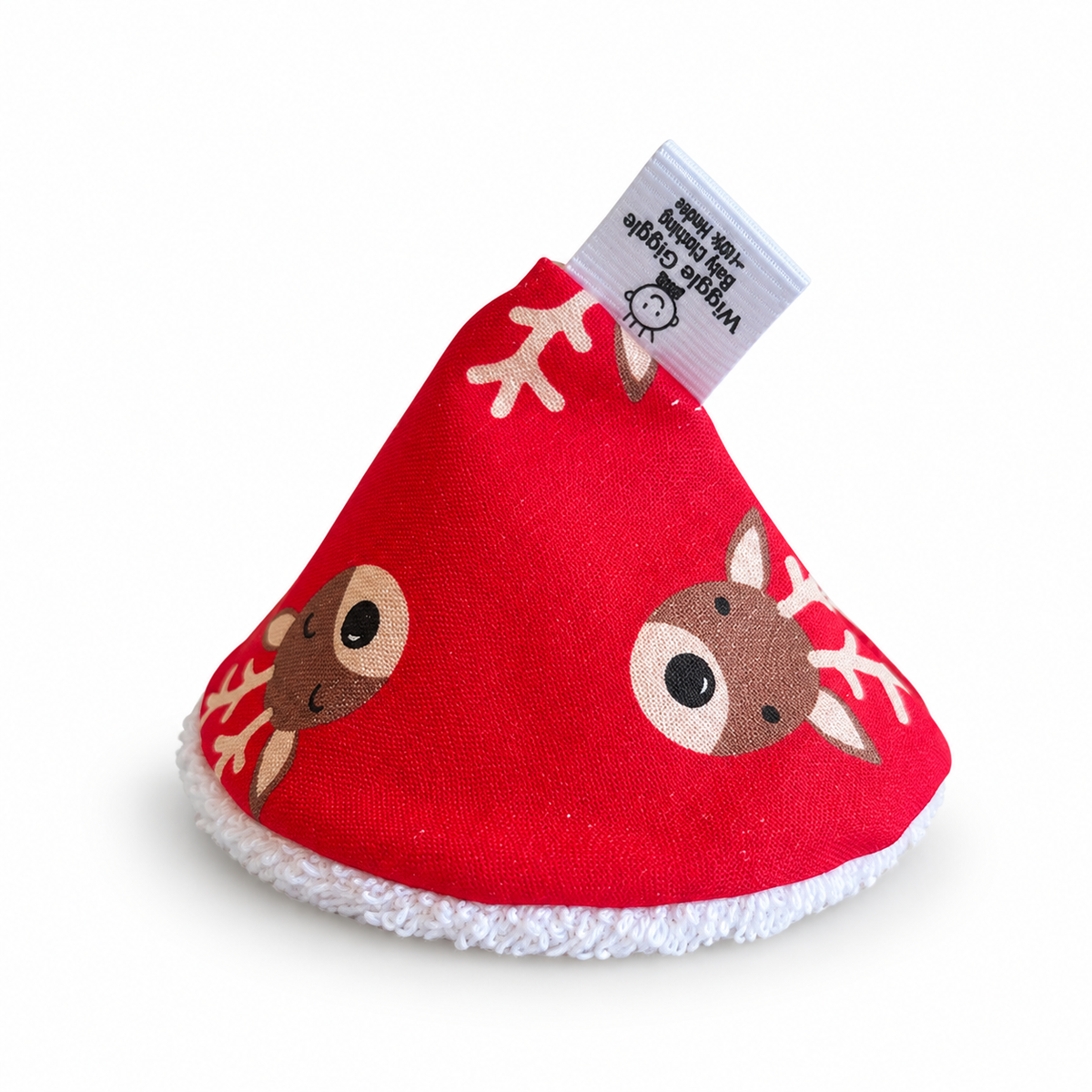 Red Pee pee teepee with reindeer printed fabric with a white back ground 