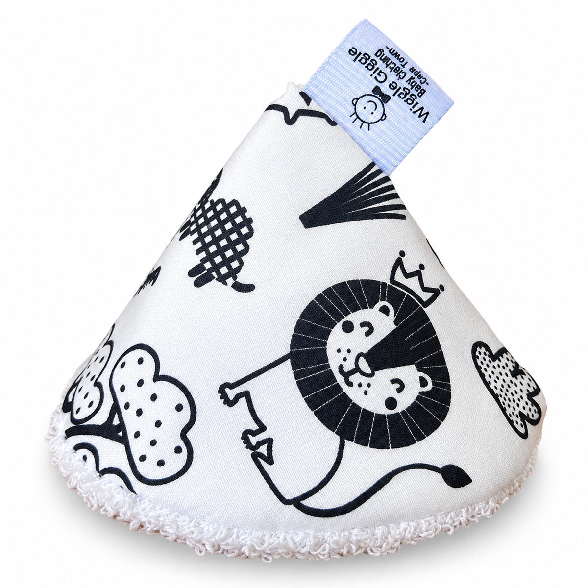A white pee pee teepee made of soft fabric, printed with black cartoon animal and geometric patterns including a lion, cloud, and star and a sewn-on Wiggle Giggle Baby Clothing brand tag.