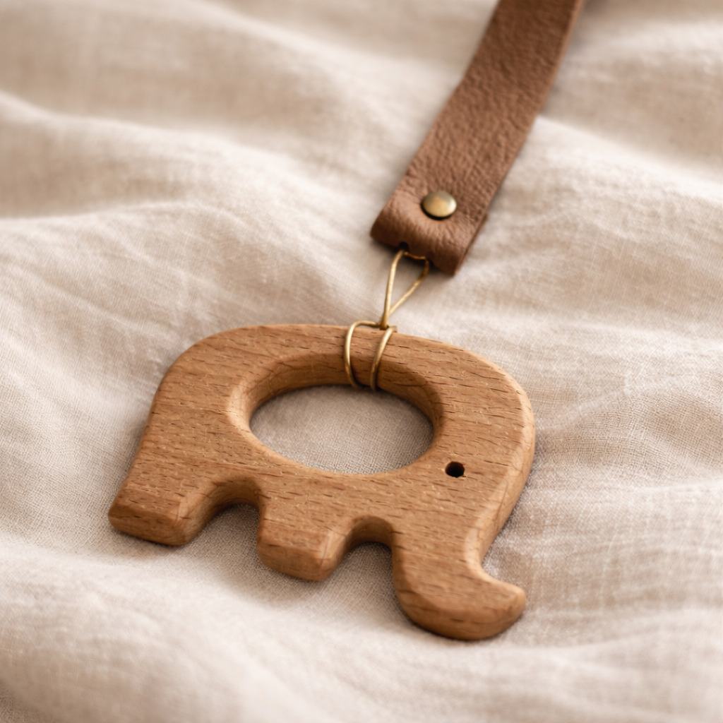 Beechwood Elephant Teething Ring With Leather Strap