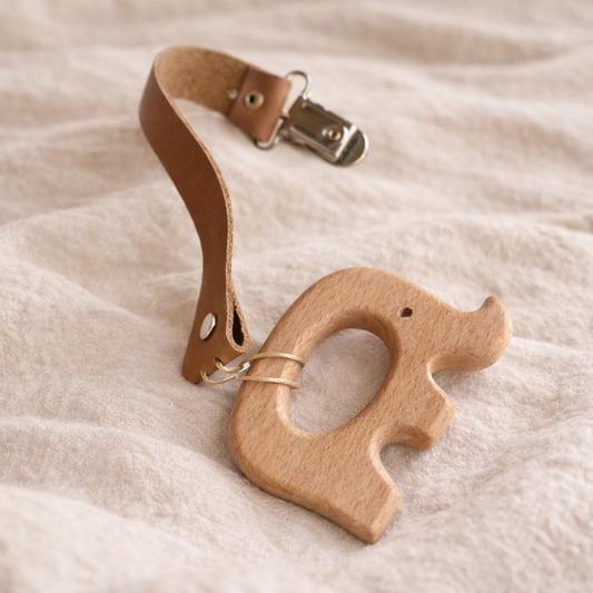 Beechwood Elephant Teething Ring With Leather Strap