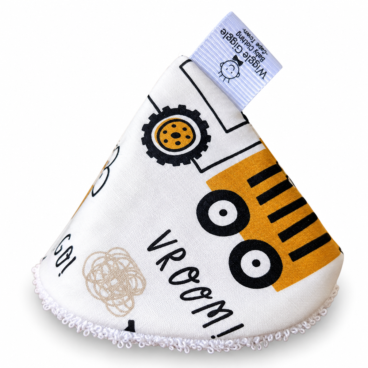 Pee pee teepee with construction vehicle design and 'Vroom!' text on a white background.