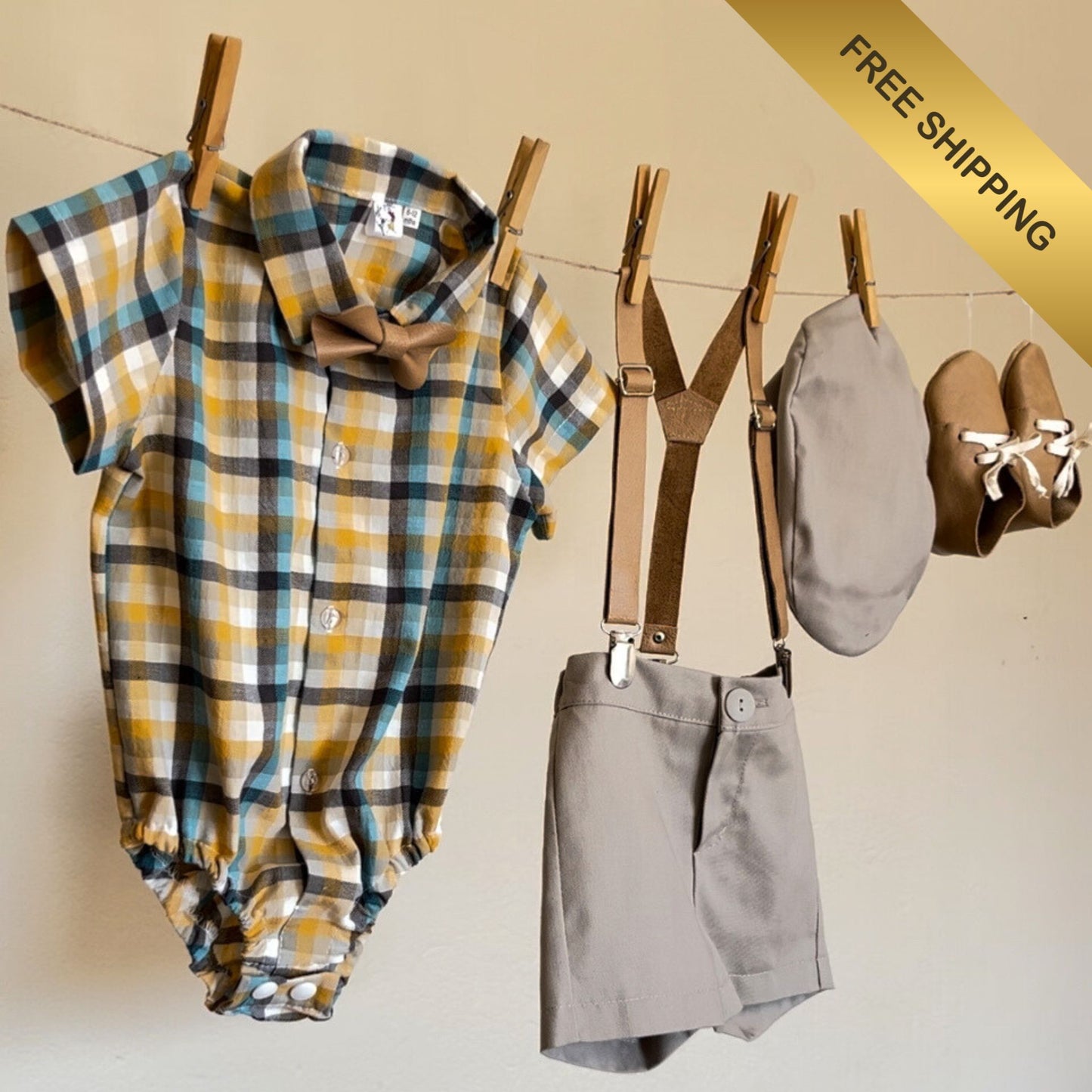 Baby boy outfit with an yellow and blue check romper, suspenders, shorts, and cap on a washing line against a beige wall.